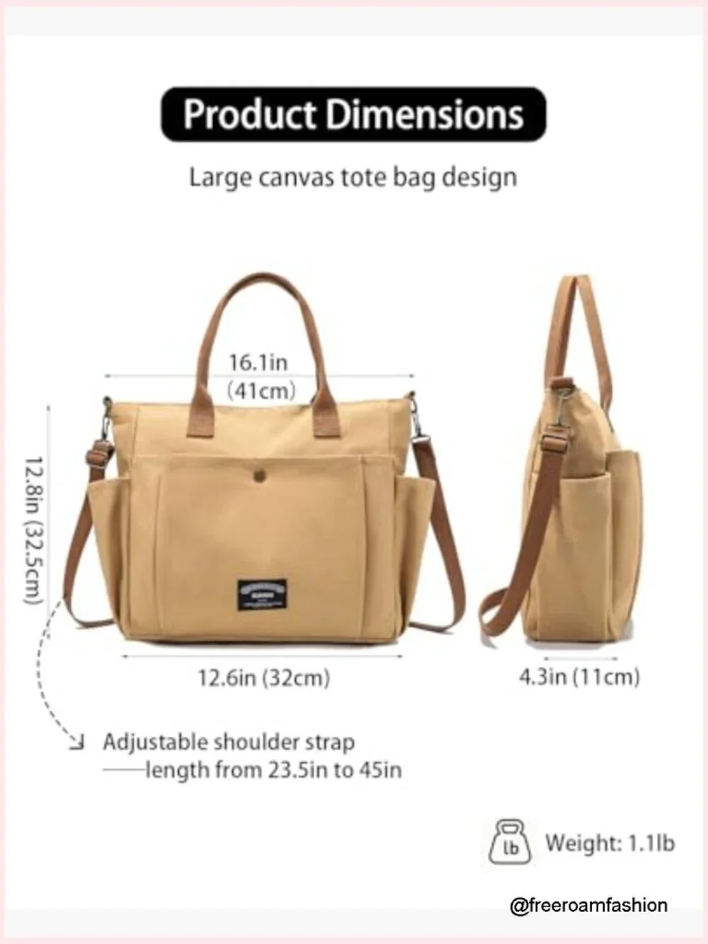 Canvas Tote Bag Crossbody with Pockets 16oz Cotton Laptop Bag